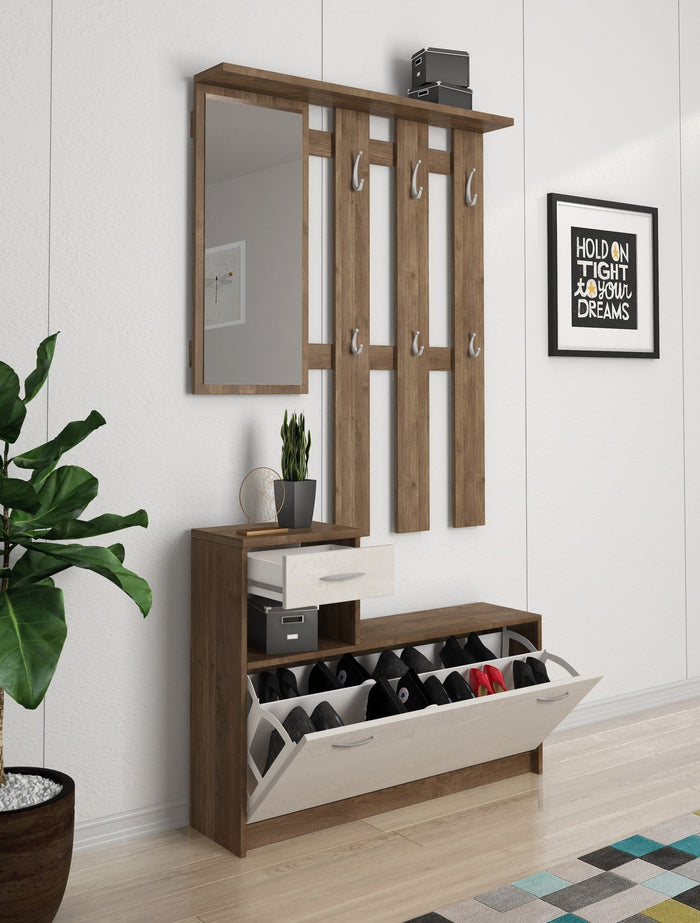 Mobile da ingresso Dazio, Entratina moderna con specchio, Mobile con scarpiera, Armadietto multifunzione, 100x25h180 cm, Bianco e Quercia