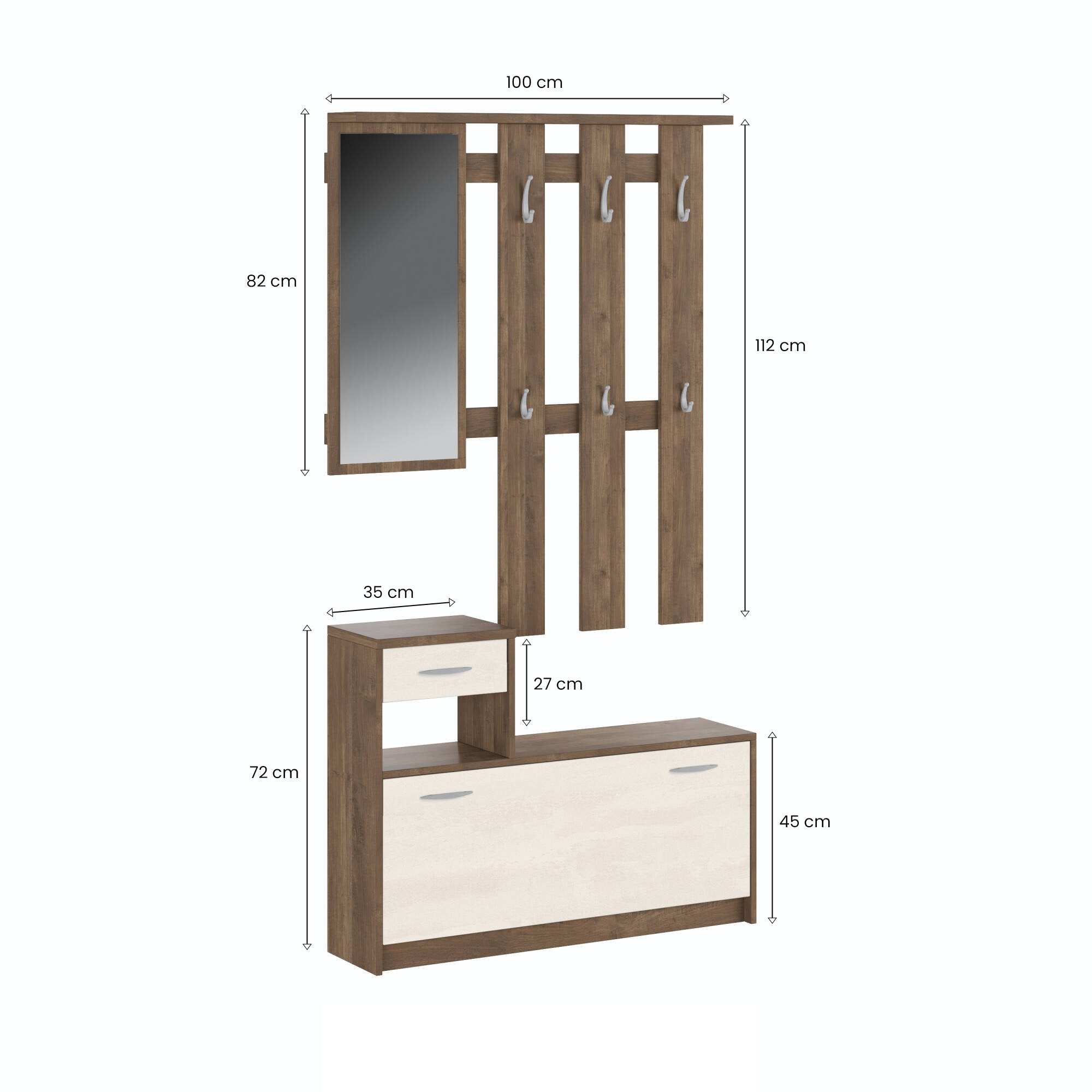 Mobile da ingresso Dazio, Entratina moderna con specchio, Mobile con scarpiera, Armadietto multifunzione, 100x25h180 cm, Bianco e Quercia