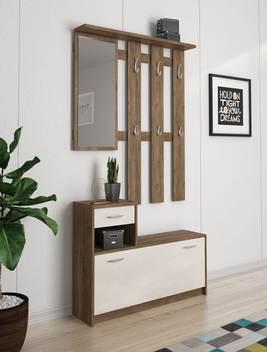 Mobile da ingresso Dazio, Entratina moderna con specchio, Mobile con scarpiera, Armadietto multifunzione, 100x25h180 cm, Bianco e Quercia