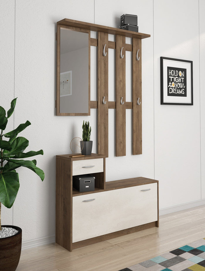 Mobile da ingresso Dazio, Entratina moderna con specchio, Mobile con scarpiera, Armadietto multifunzione, 100x25h180 cm, Bianco e Quercia