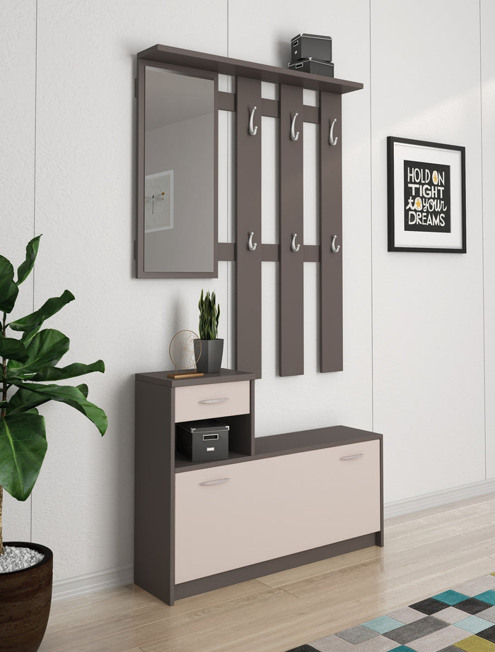 Mobile da ingresso Dazio, Entratina moderna con specchio, Mobile con scarpiera, Armadietto multifunzione, 100x25h180 cm, Bianco e Antracite