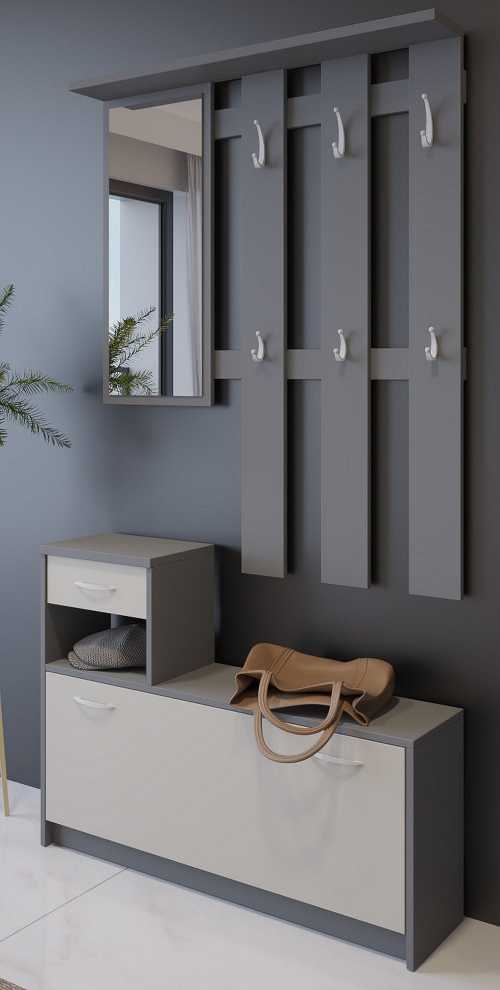 Mobile da ingresso Dazio, Entratina moderna con specchio, Mobile con scarpiera, Armadietto multifunzione, 100x25h180 cm, Bianco e Antracite