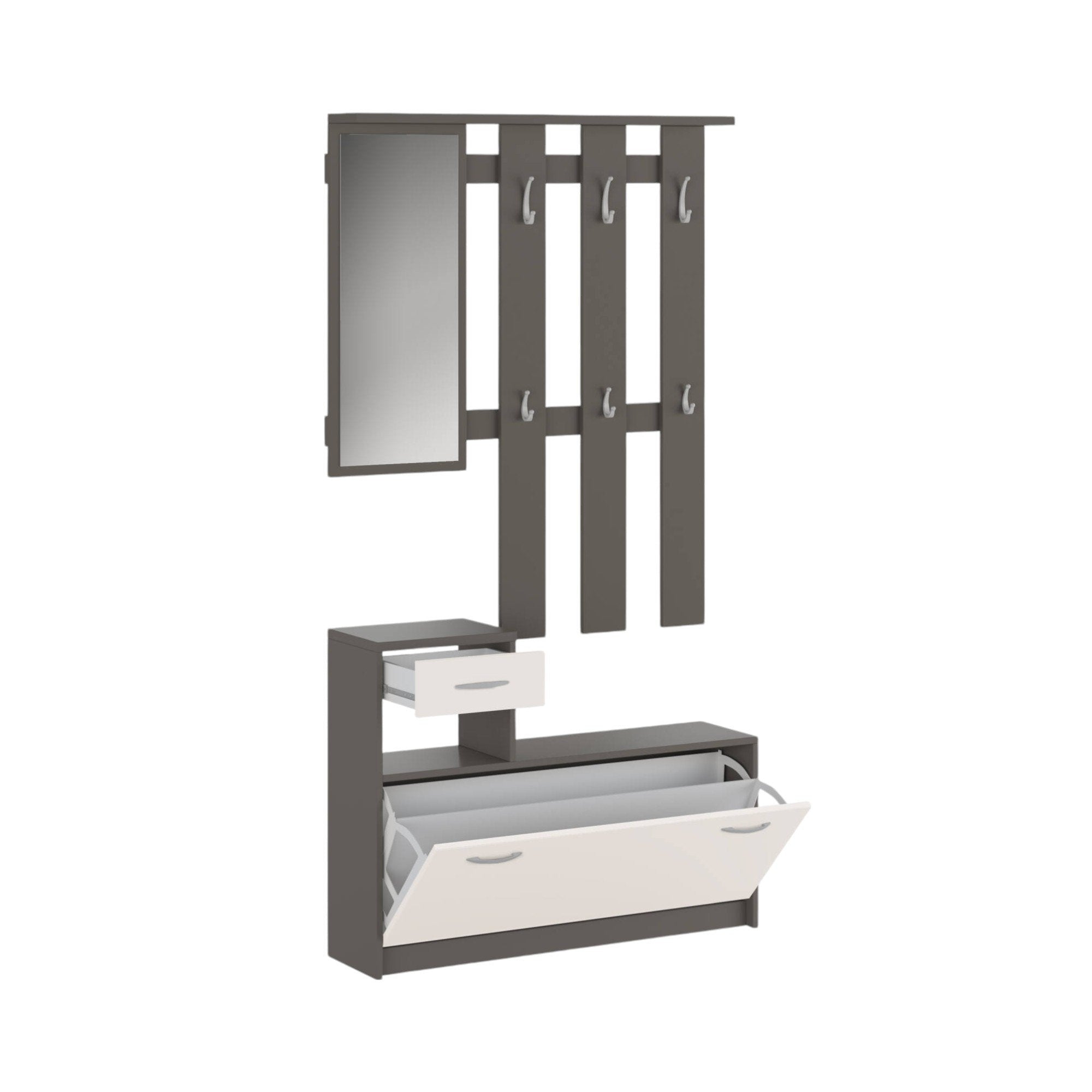 Mobile da ingresso Dazio, Entratina moderna con specchio, Mobile con scarpiera, Armadietto multifunzione, 100x25h180 cm, Bianco e Antracite