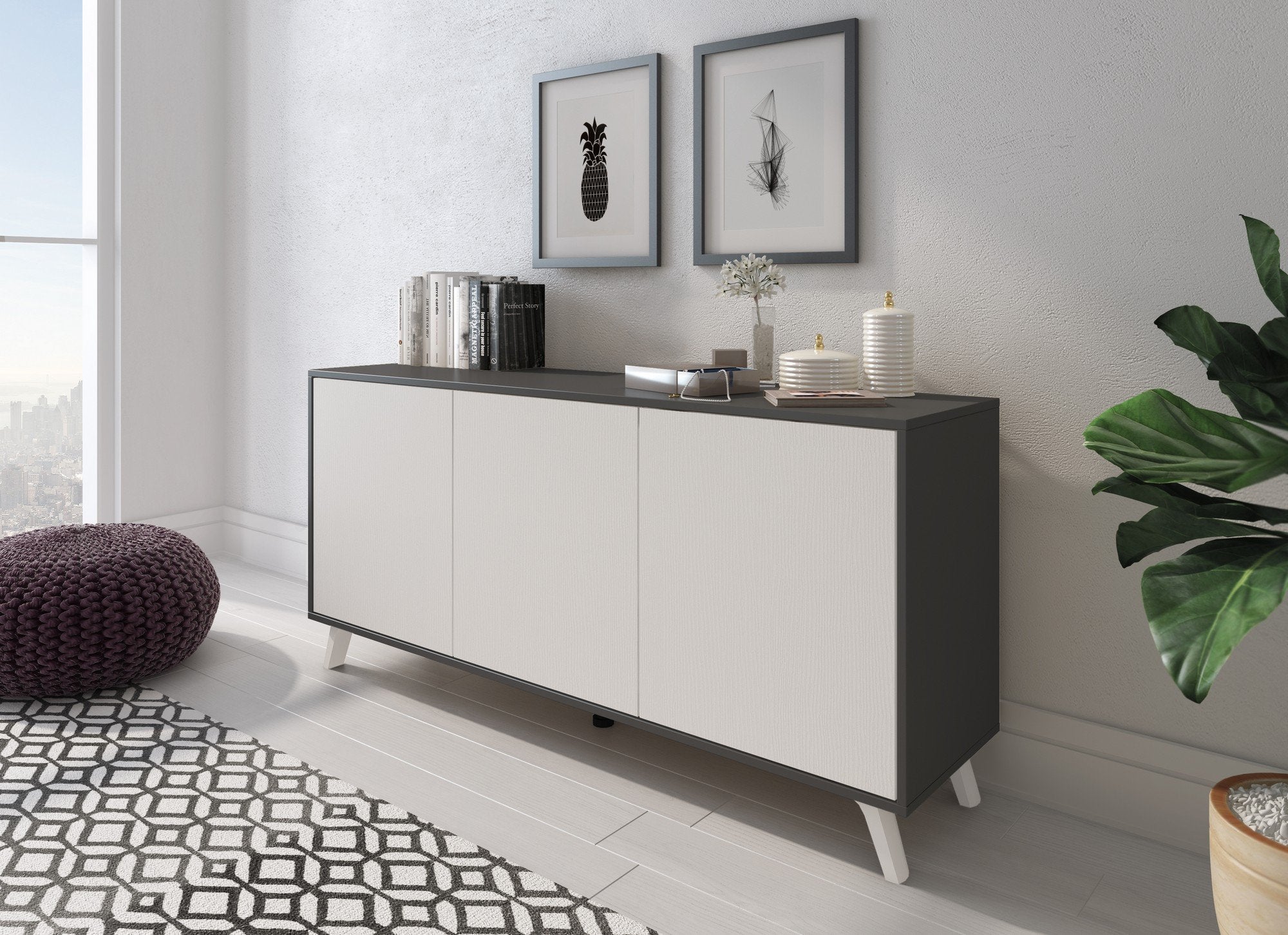 Credenza Annina, Buffet da soggiorno, Madia da salotto, Dispensa da cucina, 154x40h72 cm, Antracite e Bianco
