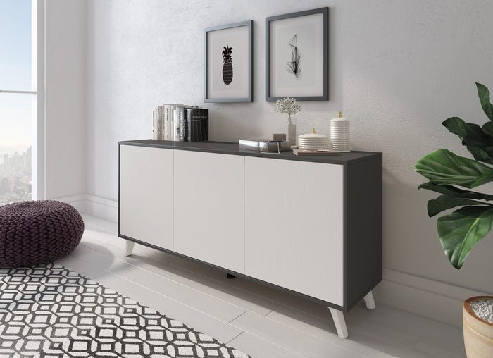 Credenza Annina, Buffet da soggiorno, Madia da salotto, Dispensa da cucina, 154x40h72 cm, Antracite e Bianco