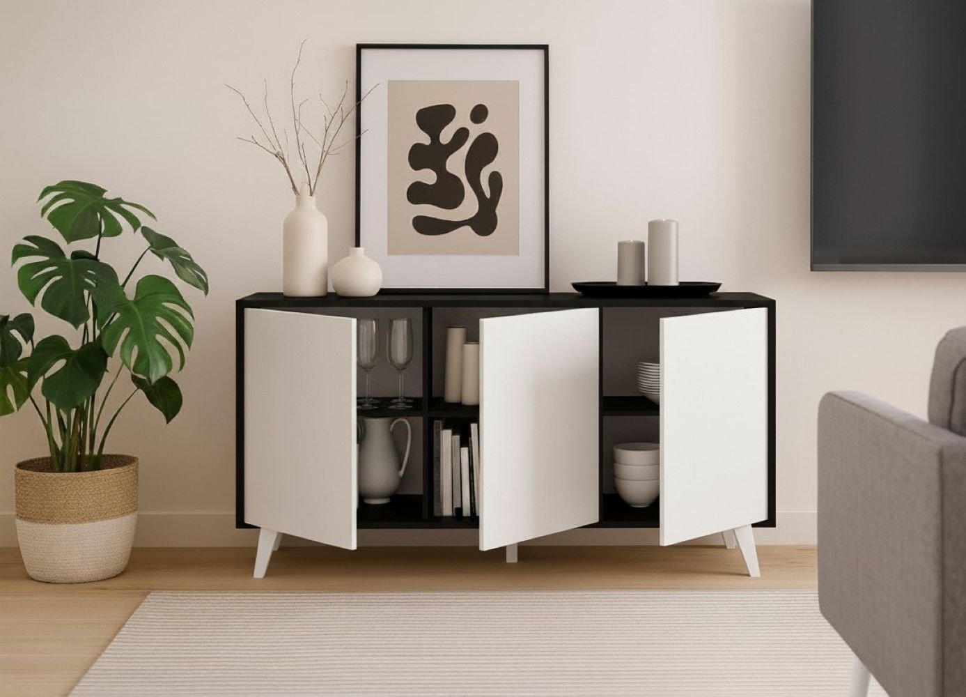 Credenza Annina, Buffet da soggiorno, Madia da salotto, Dispensa da cucina, 154x40h72 cm, Antracite e Bianco