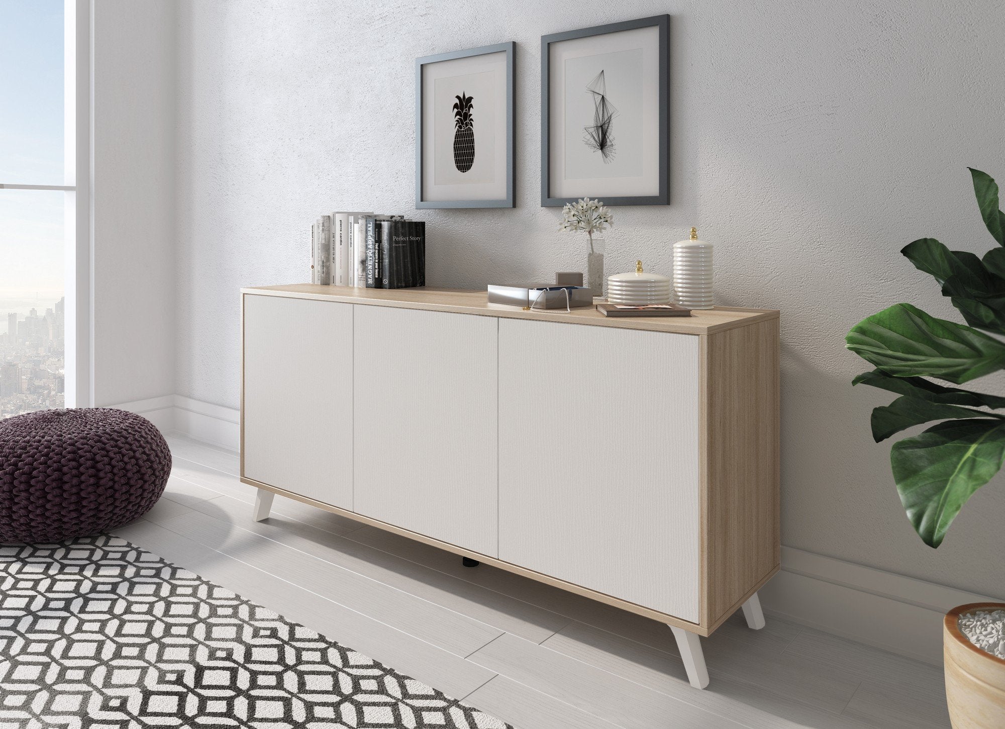 Credenza Annina, Buffet da soggiorno, Madia da salotto, Dispensa da cucina, 154x40h72 cm, Rovere e Bianco