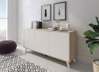 Credenza Annina, Buffet da soggiorno, Madia da salotto, Dispensa da cucina, 154x40h72 cm, Rovere e Bianco