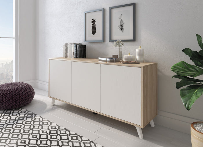 Credenza Annina, Buffet da soggiorno, Madia da salotto, Dispensa da cucina, 154x40h72 cm, Rovere e Bianco