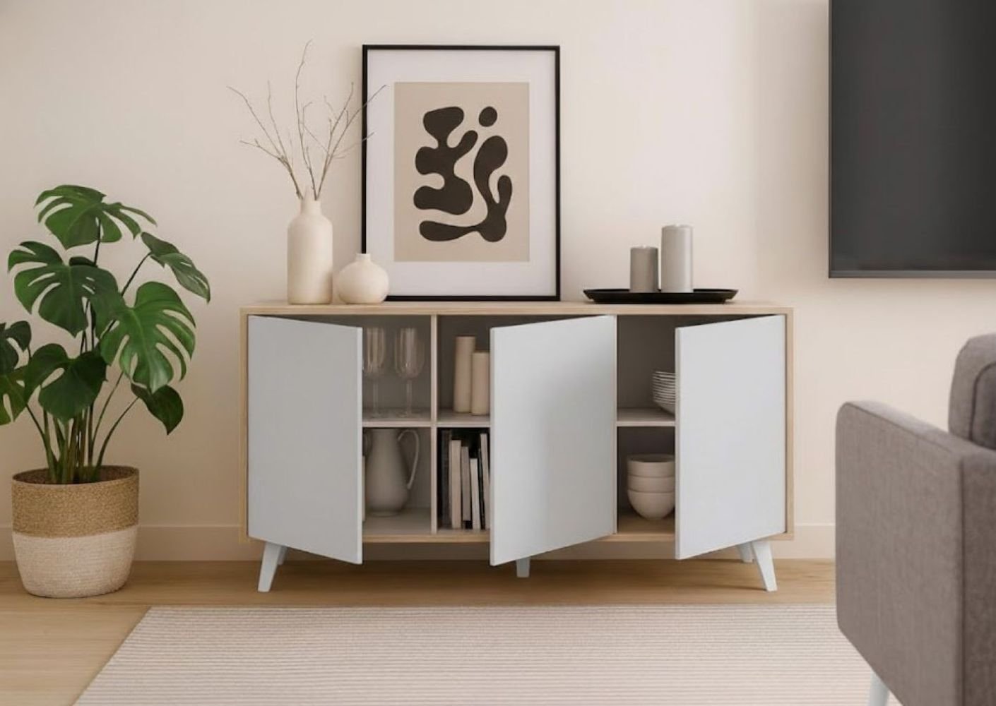 Credenza Annina, Buffet da soggiorno, Madia da salotto, Dispensa da cucina, 154x40h72 cm, Rovere e Bianco