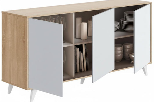 Credenza Annina, Buffet da soggiorno, Madia da salotto, Dispensa da cucina, 154x40h72 cm, Rovere e Bianco