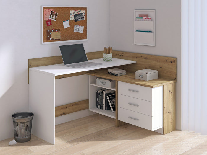 Scrivania Elsa, Scrittoio multiuso, Tavolo per ufficio porta PC, Piano di lavoro, 130x112h82 cm, Bianco e Rovere Nodi