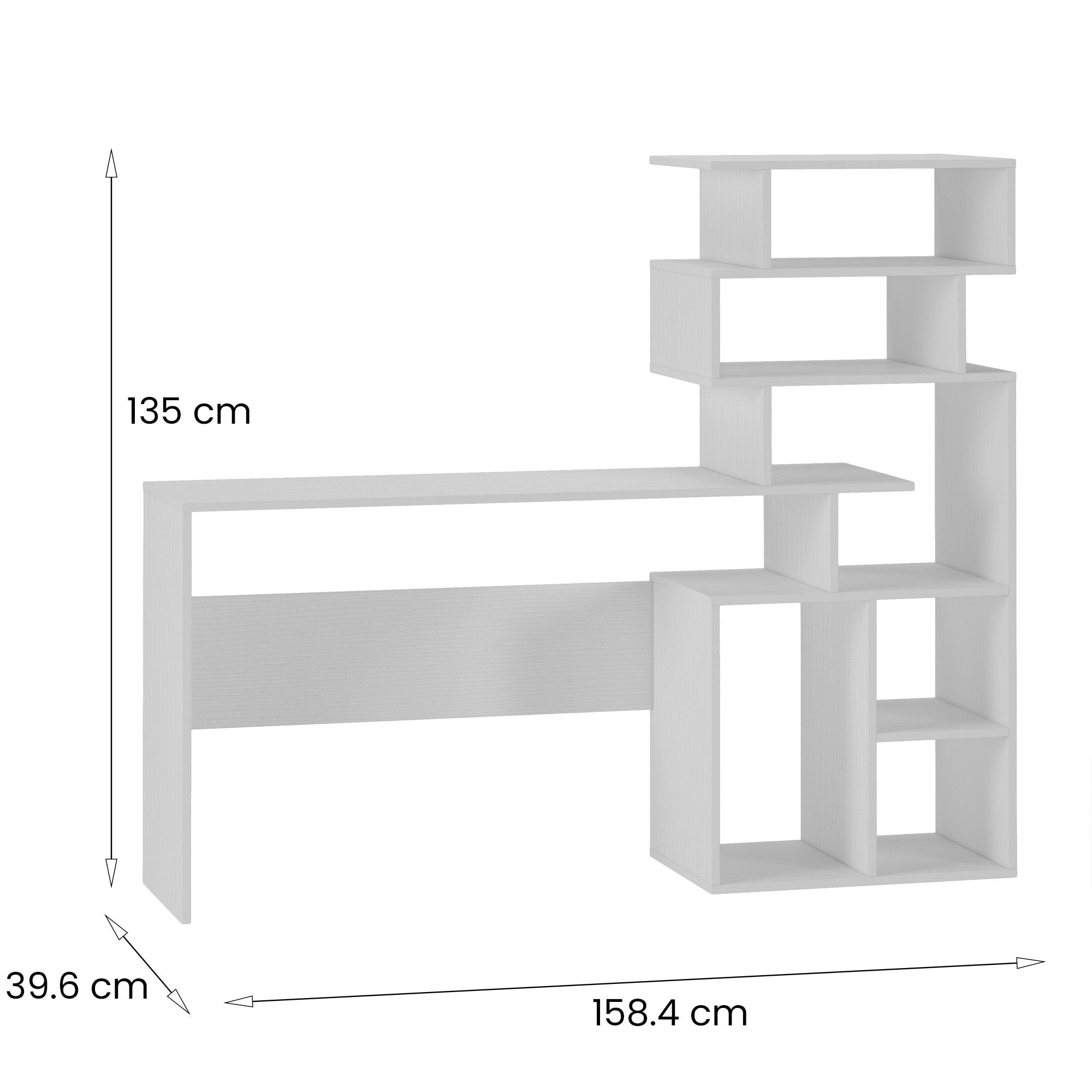 Scrivania Dpasqui, Scrittoio moderno con libreria con vani a giorno, Tavolo da studio o ufficio porta PC portalibri, Cm 160x40h135, Bianco