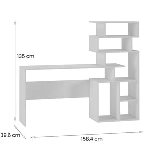 Scrivania Dpasqui, Scrittoio moderno con libreria con vani a giorno, Tavolo da studio o ufficio porta PC portalibri, Cm 160x40h135, Bianco