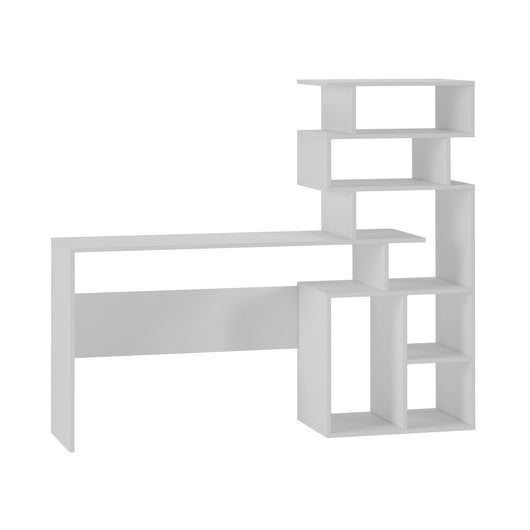 Scrivania Dpasqui, Scrittoio moderno con libreria con vani a giorno, Tavolo da studio o ufficio porta PC portalibri, Cm 160x40h135, Bianco