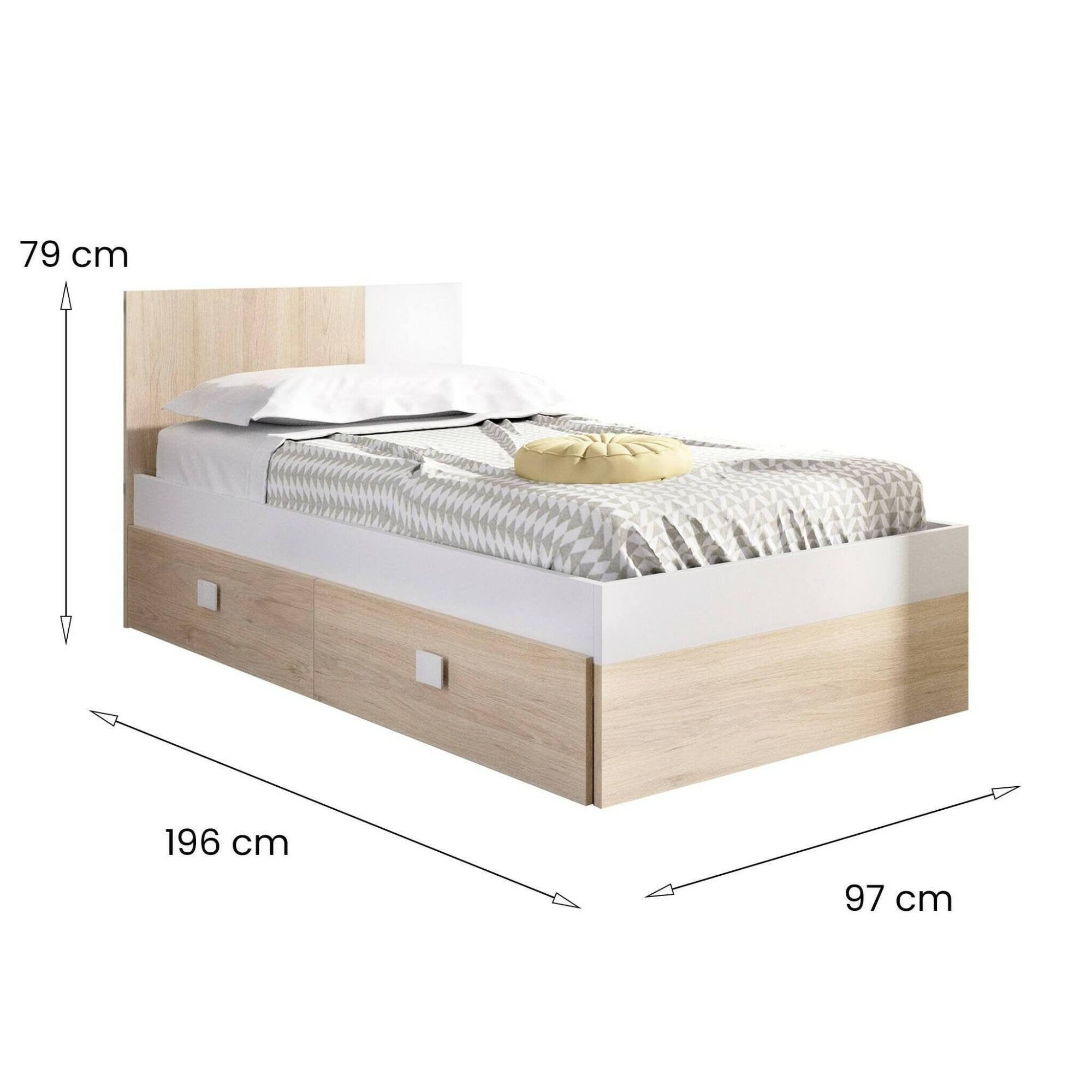 Letto singolo Rashmi, Sommier per camera da letto, Giroletto per stanza, Struttura porta materasso, 97x196 h79 cm, Bianco e Rovere