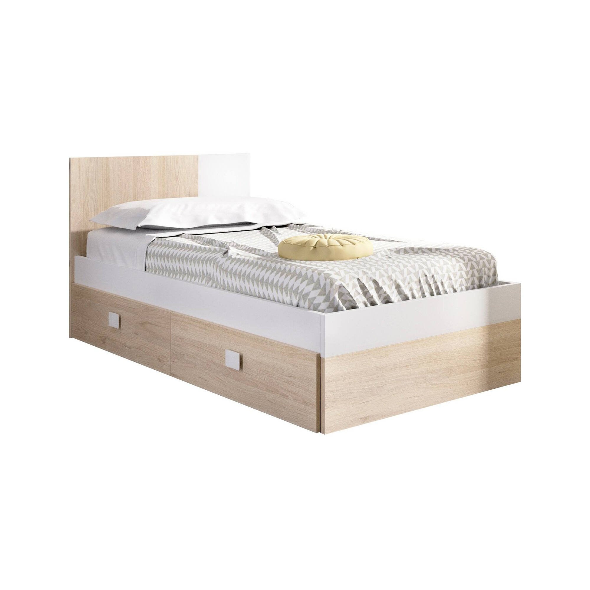 Letto singolo Rashmi, Sommier per camera da letto, Giroletto per stanza, Struttura porta materasso, 97x196 h79 cm, Bianco e Rovere