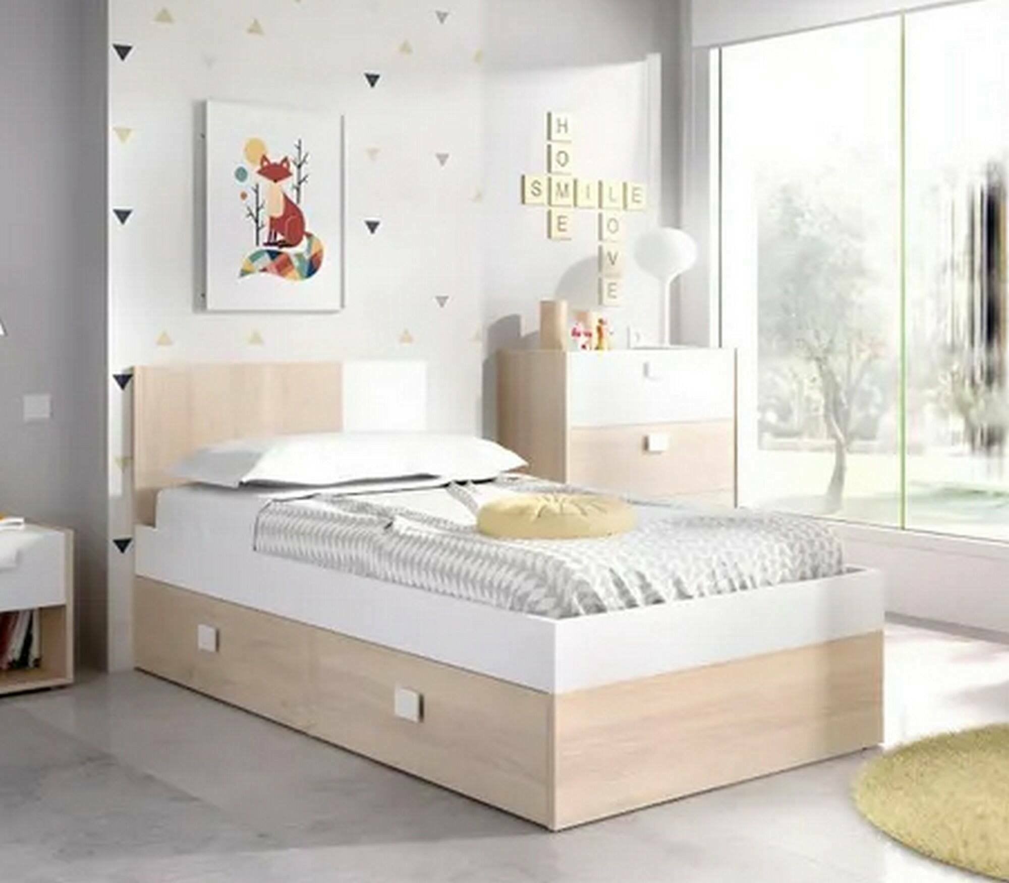 Letto per bambini Villongo, Lettino per cameretta, Set camera da letto, Struttura porta materasso, 97x196 h79 cm, Bianco e Rovere
