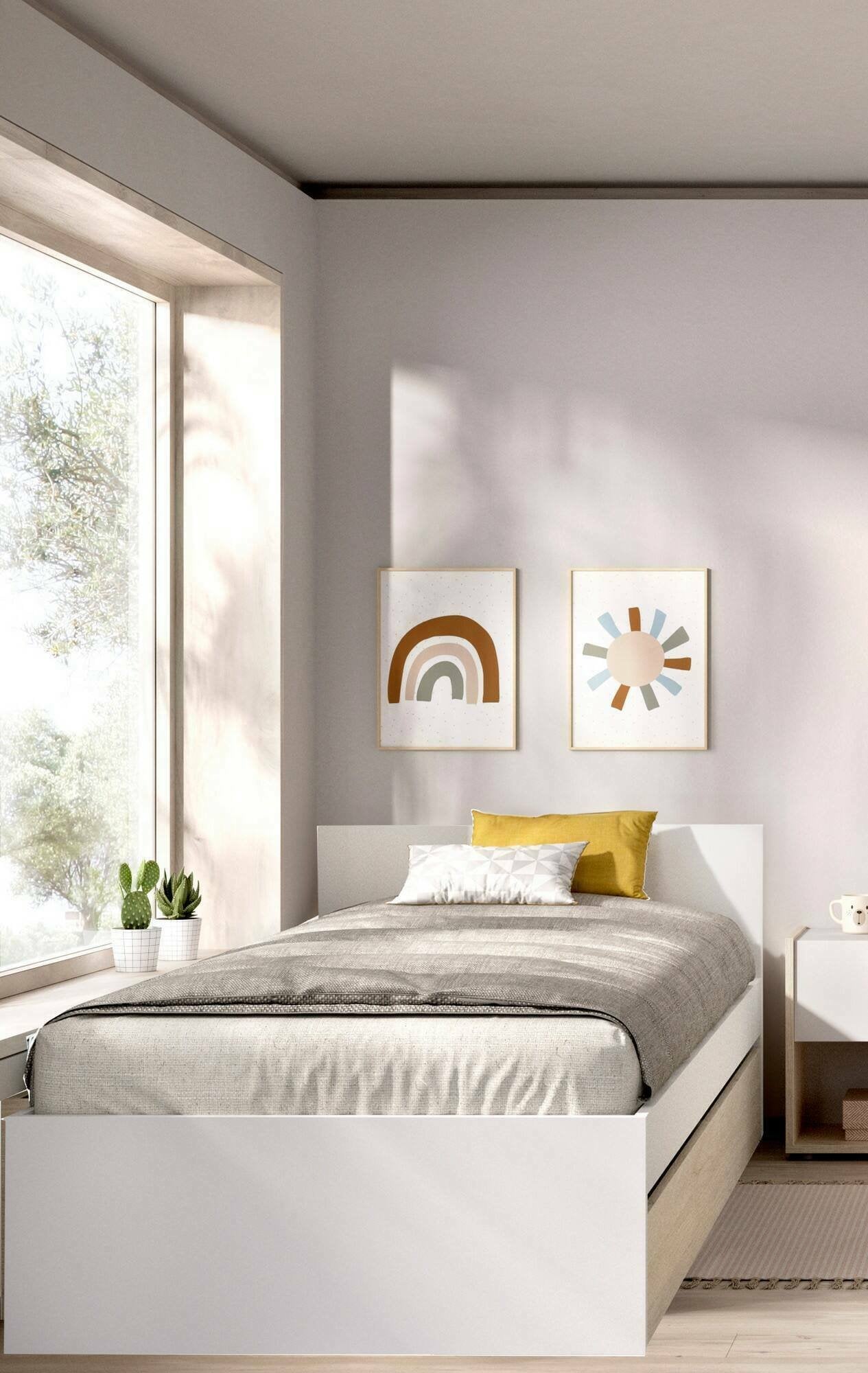 Letto singolo Pakhar, Sommier per camera da letto, Giroletto per stanza, Struttura porta materasso, 96x195 h67 cm, Bianco e Rovere