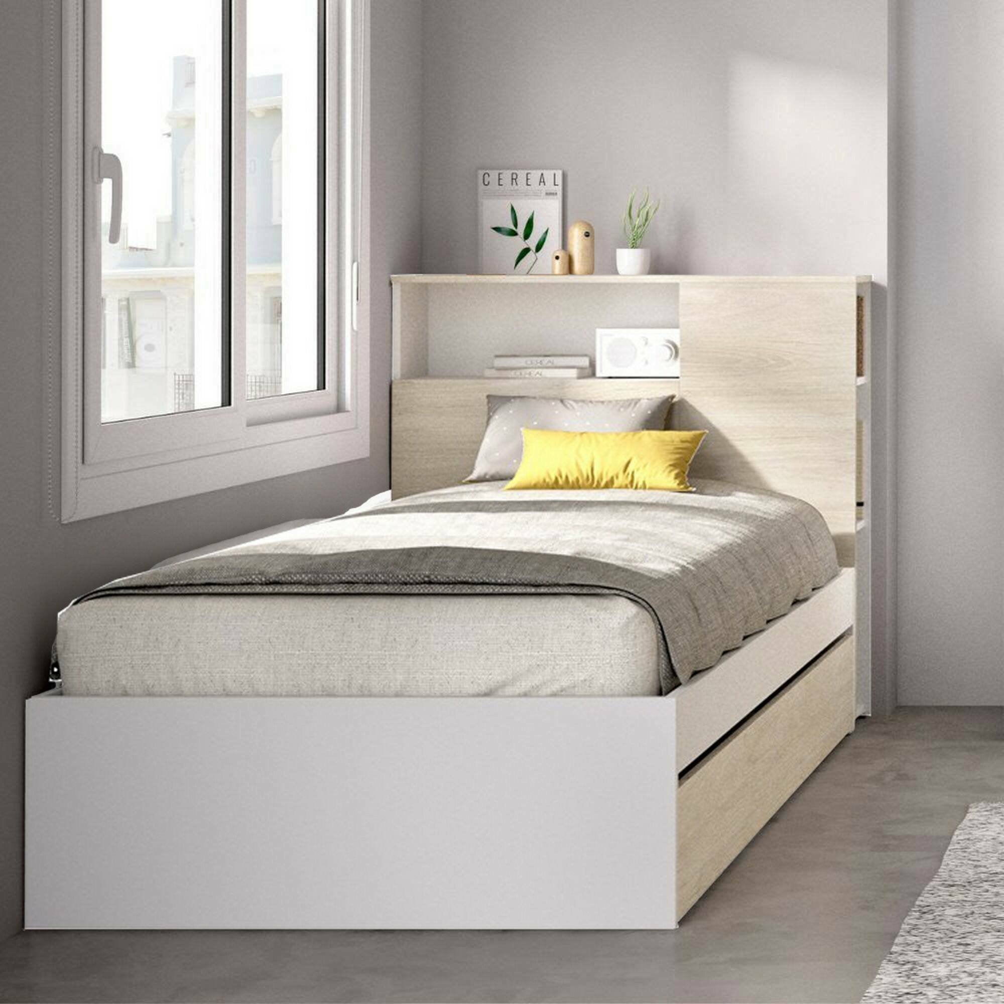 Letto singoloEvelina, Sommier per camera da letto, Giroletto per stanza, Struttura porta materasso, 99x218 h96 cm, Rovere e Bianco