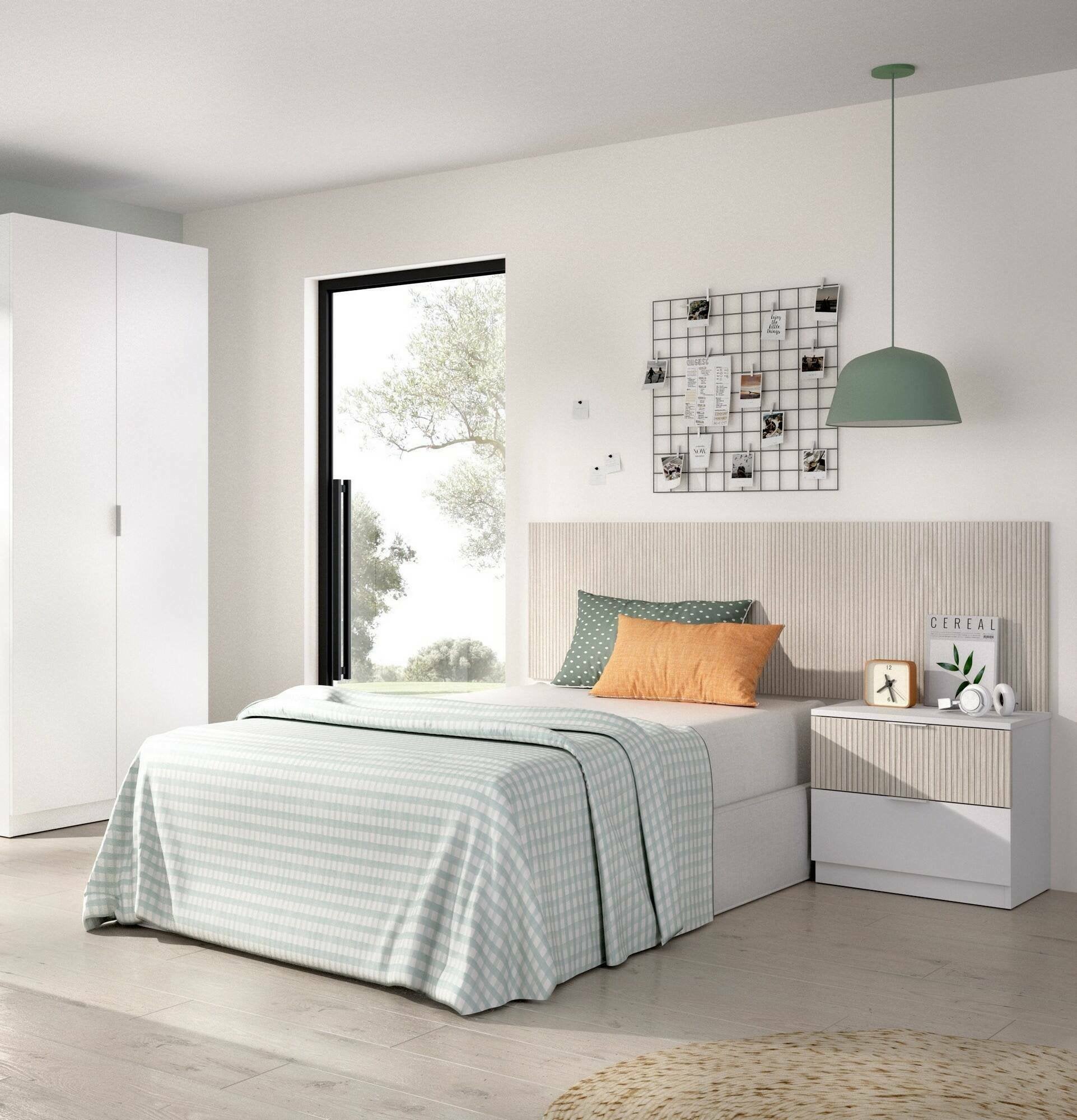 Testiera letto Omeka, Spalliera, Testata per camera da letto, Poggiatesta, 146x34 h106 cm, Bianco e Rovere