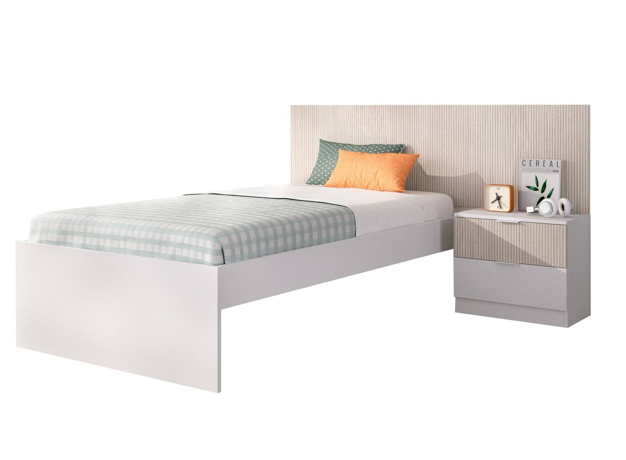 Letto singolo Guillermo, Sommier per camera da letto, Giroletto per stanza, Struttura porta materasso, 146x195 h106 cm, Bianco e Rovere