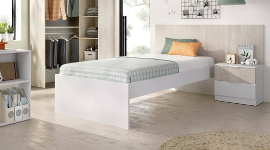 Letto singolo Guillermo, Sommier per camera da letto, Giroletto per stanza, Struttura porta materasso, 146x195 h106 cm, Bianco e Rovere