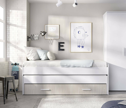 Letto per bambini Auguste, Lettino per cameretta, Set camera da letto, Struttura porta materasso, 200x98 h70 cm, Bianco e Rovere