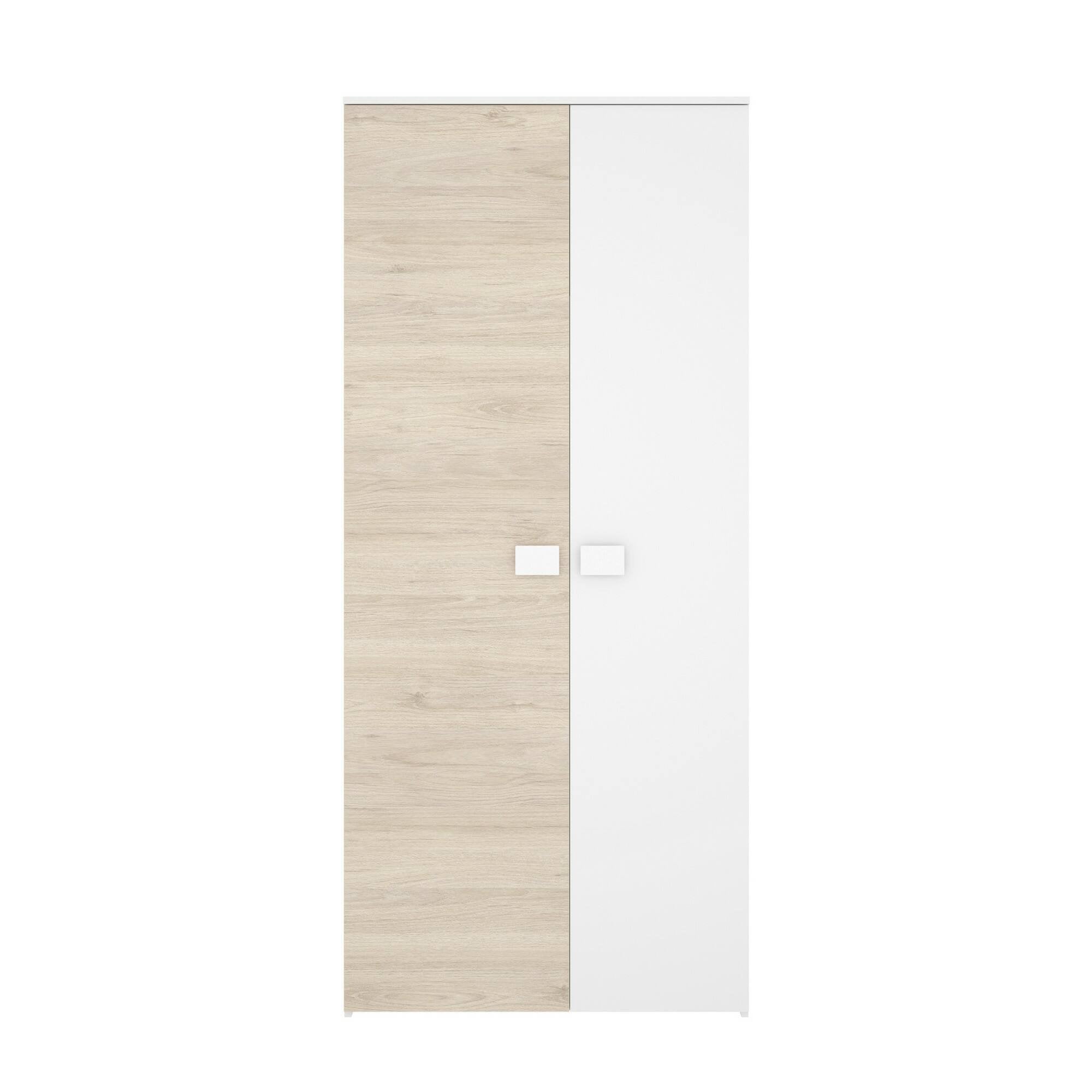 Guardaroba 2 ante Firmin, Mobile camera da letto, Cabina armadio portabiti, Armadio appendiabiti, 90x53 h202 cm, Bianco e Rovere