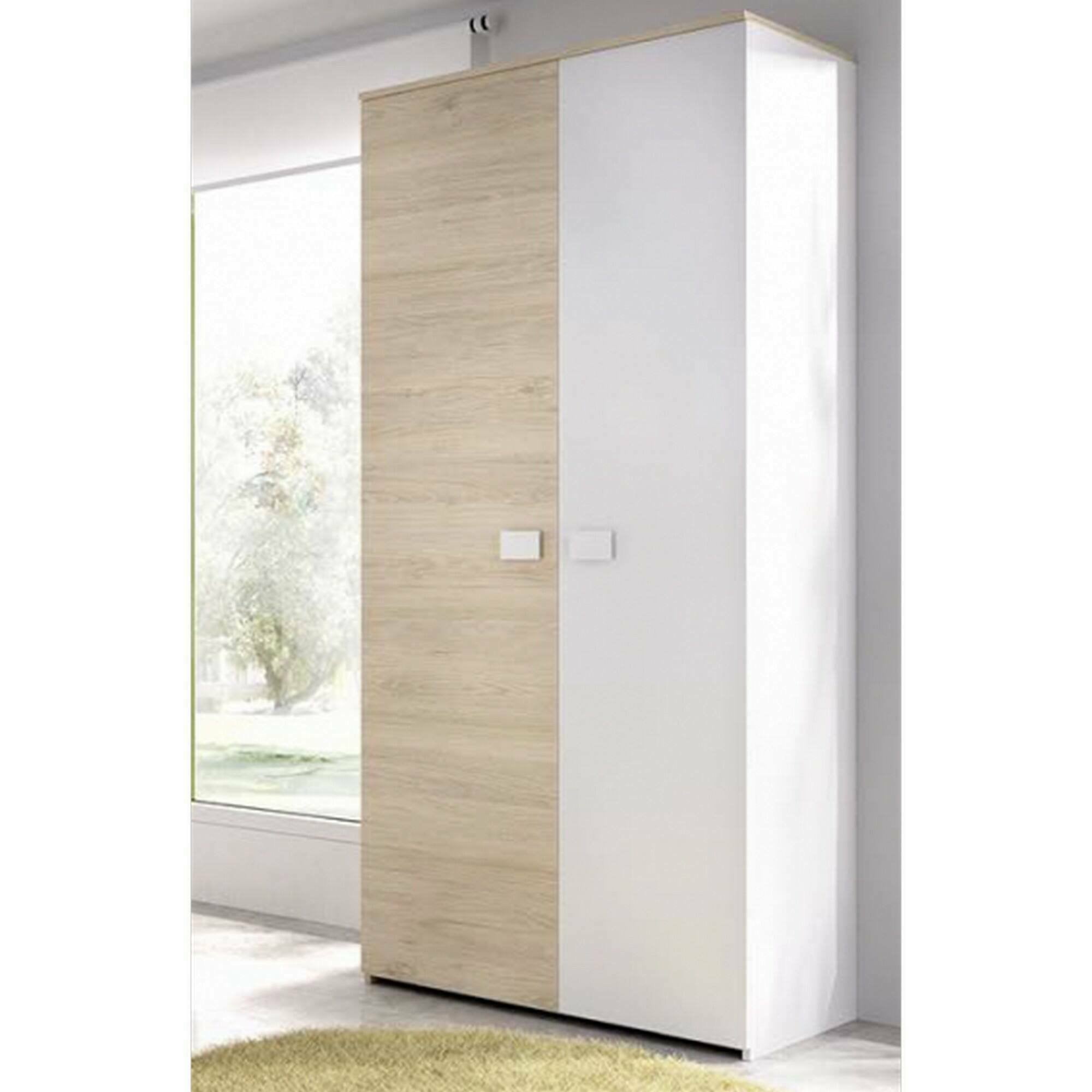 Guardaroba 2 ante Firmin, Mobile camera da letto, Cabina armadio portabiti, Armadio appendiabiti, 90x53 h202 cm, Bianco e Rovere