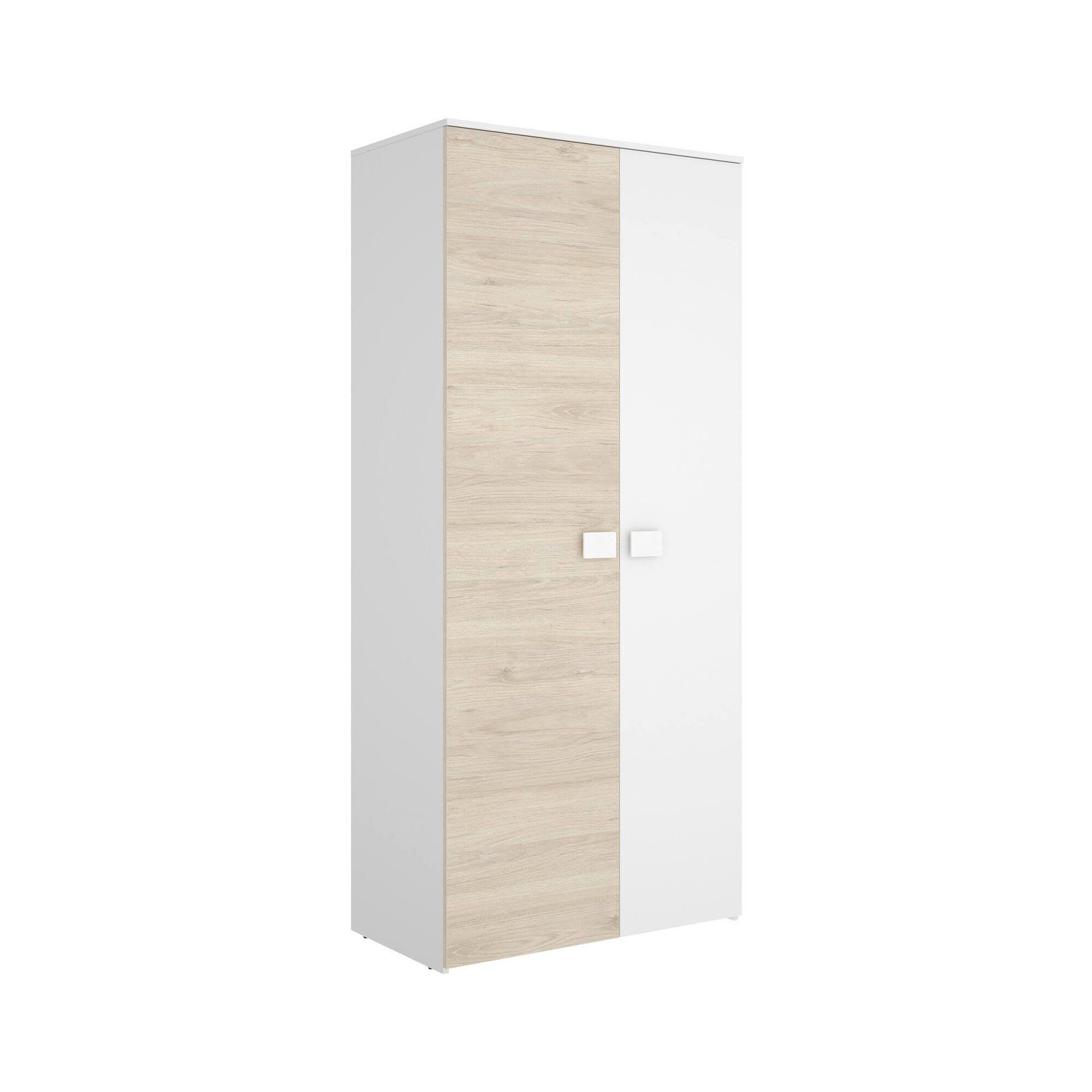 Guardaroba 2 ante Firmin, Mobile camera da letto, Cabina armadio portabiti, Armadio appendiabiti, 90x53 h202 cm, Bianco e Rovere