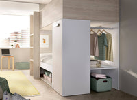 Composizione camera da letto Pinus, Stanza da letto completa, Cameretta per bambini, Set per arredo a ponte, 246x112 h150 cm, Bianco e Rovere