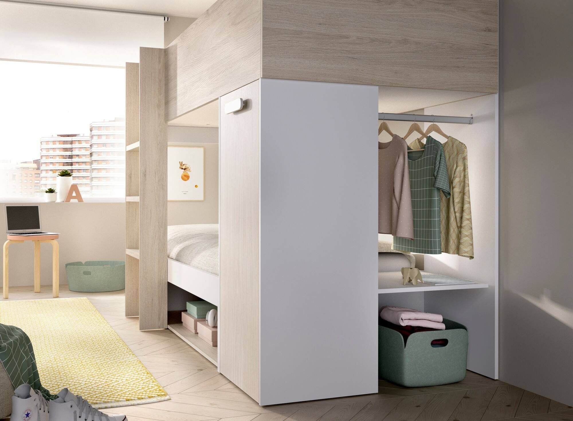 Composizione camera da letto Pinus, Stanza da letto completa, Cameretta per bambini, Set per arredo a ponte, 246x112 h150 cm, Bianco e Rovere