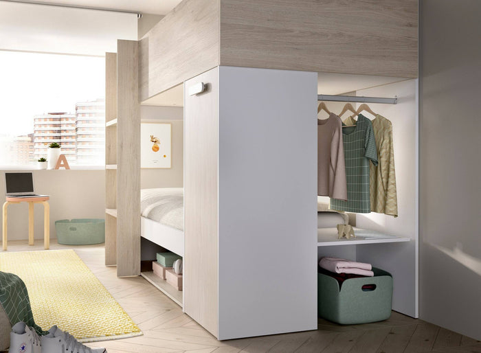 Composizione camera da letto Pinus, Stanza da letto completa, Cameretta per bambini, Set per arredo a ponte, 246x112 h150 cm, Bianco e Rovere