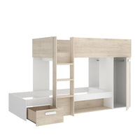 Composizione camera da letto Pinus, Stanza da letto completa, Cameretta per bambini, Set per arredo a ponte, 246x112 h150 cm, Bianco e Rovere