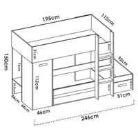 Composizione camera da letto Pinus, Stanza da letto completa, Cameretta per bambini, Set per arredo a ponte, 246x112 h150 cm, Bianco e Rovere