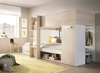 Composizione camera da letto Pinus, Stanza da letto completa, Cameretta per bambini, Set per arredo a ponte, 246x112 h150 cm, Bianco e Rovere