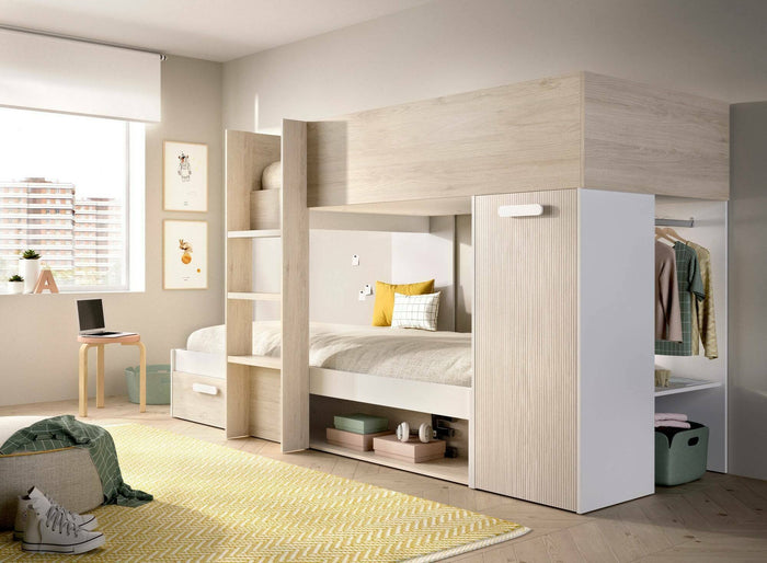 Composizione camera da letto Pinus, Stanza da letto completa, Cameretta per bambini, Set per arredo a ponte, 246x112 h150 cm, Bianco e Rovere