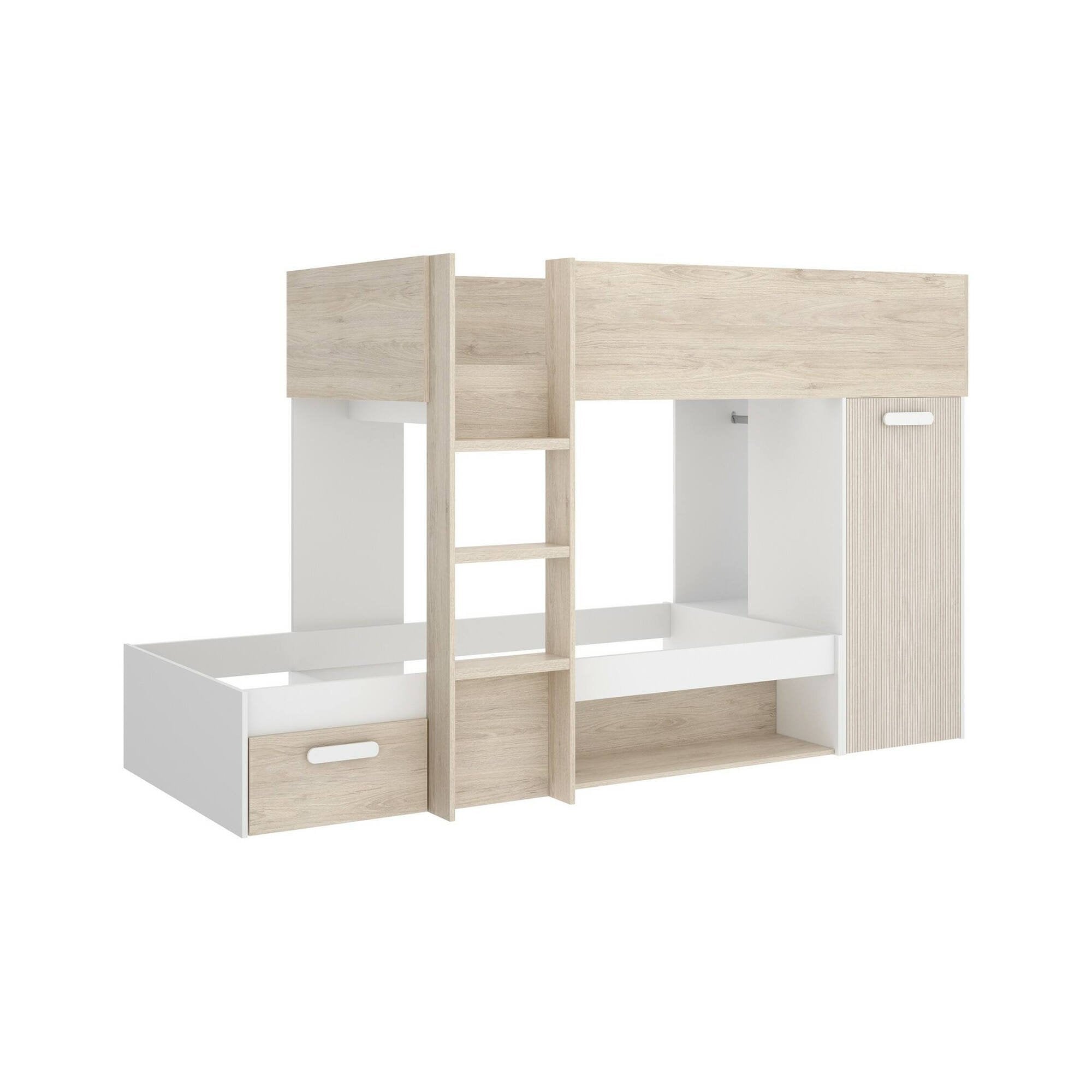 Composizione camera da letto Pinus, Stanza da letto completa, Cameretta per bambini, Set per arredo a ponte, 246x112 h150 cm, Bianco e Rovere