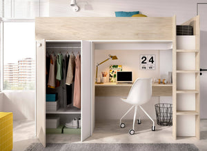 Composizione camera da letto Maha, Stanza da letto completa, Cameretta per bambini, Set per arredo a ponte, 206x111 h178 cm, Bianco e Rovere