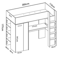 Composizione camera da letto Maha, Stanza da letto completa, Cameretta per bambini, Set per arredo a ponte, 206x111 h178 cm, Bianco e Rovere