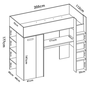 Composizione camera da letto Maha, Stanza da letto completa, Cameretta per bambini, Set per arredo a ponte, 206x111 h178 cm, Bianco e Rovere