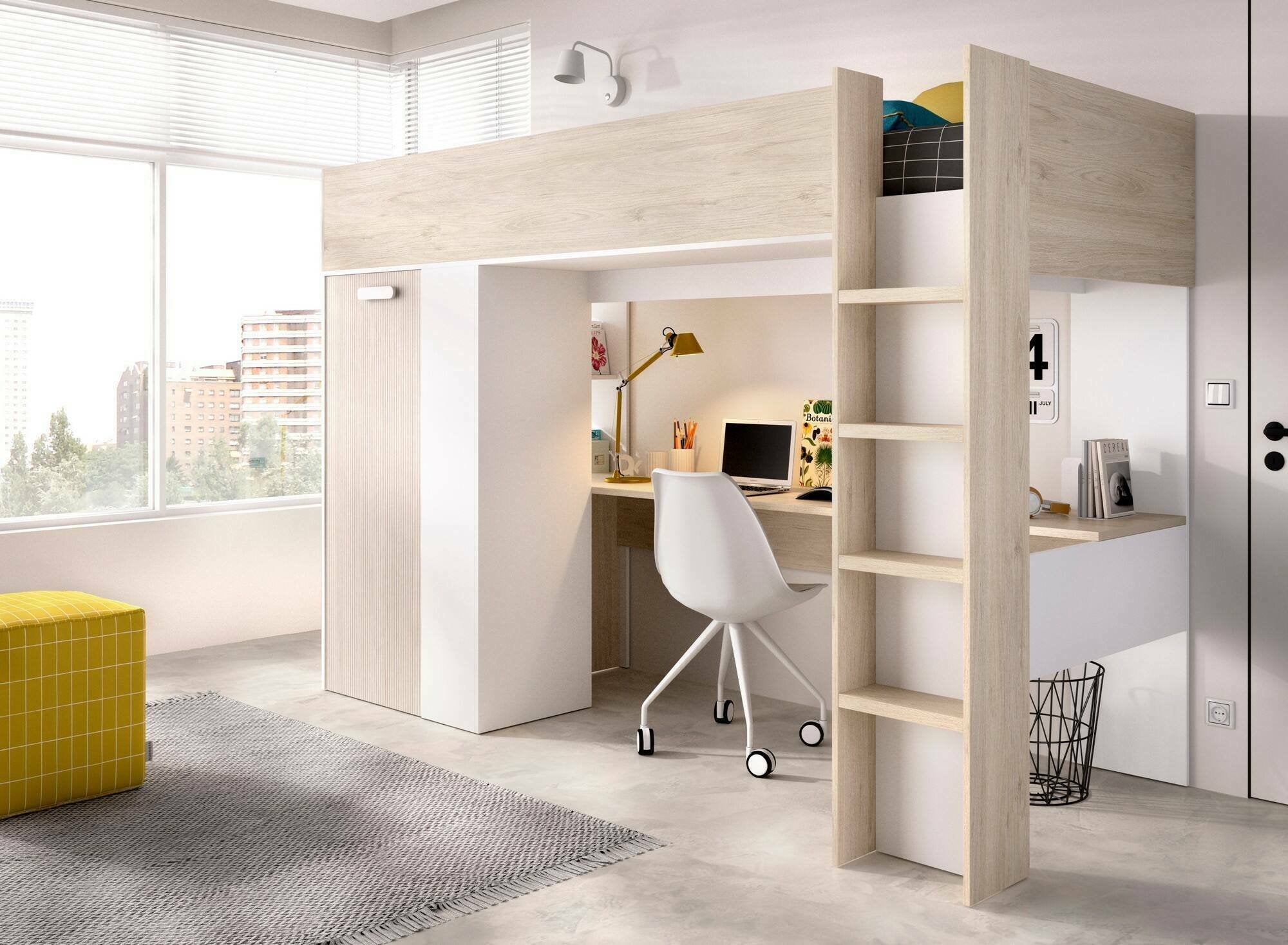 Composizione camera da letto Maha, Stanza da letto completa, Cameretta per bambini, Set per arredo a ponte, 206x111 h178 cm, Bianco e Rovere