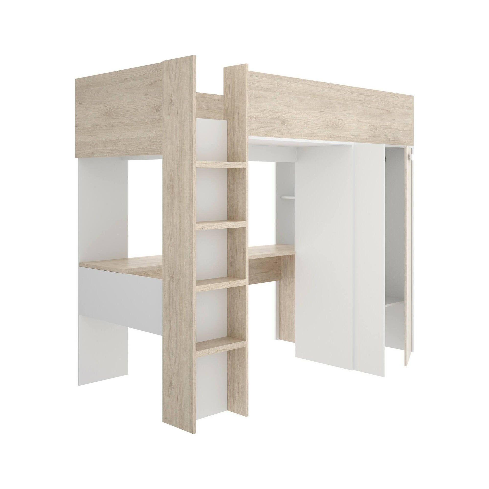 Composizione camera da letto Maha, Stanza da letto completa, Cameretta per bambini, Set per arredo a ponte, 206x111 h178 cm, Bianco e Rovere