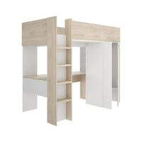 Composizione camera da letto Maha, Stanza da letto completa, Cameretta per bambini, Set per arredo a ponte, 206x111 h178 cm, Bianco e Rovere