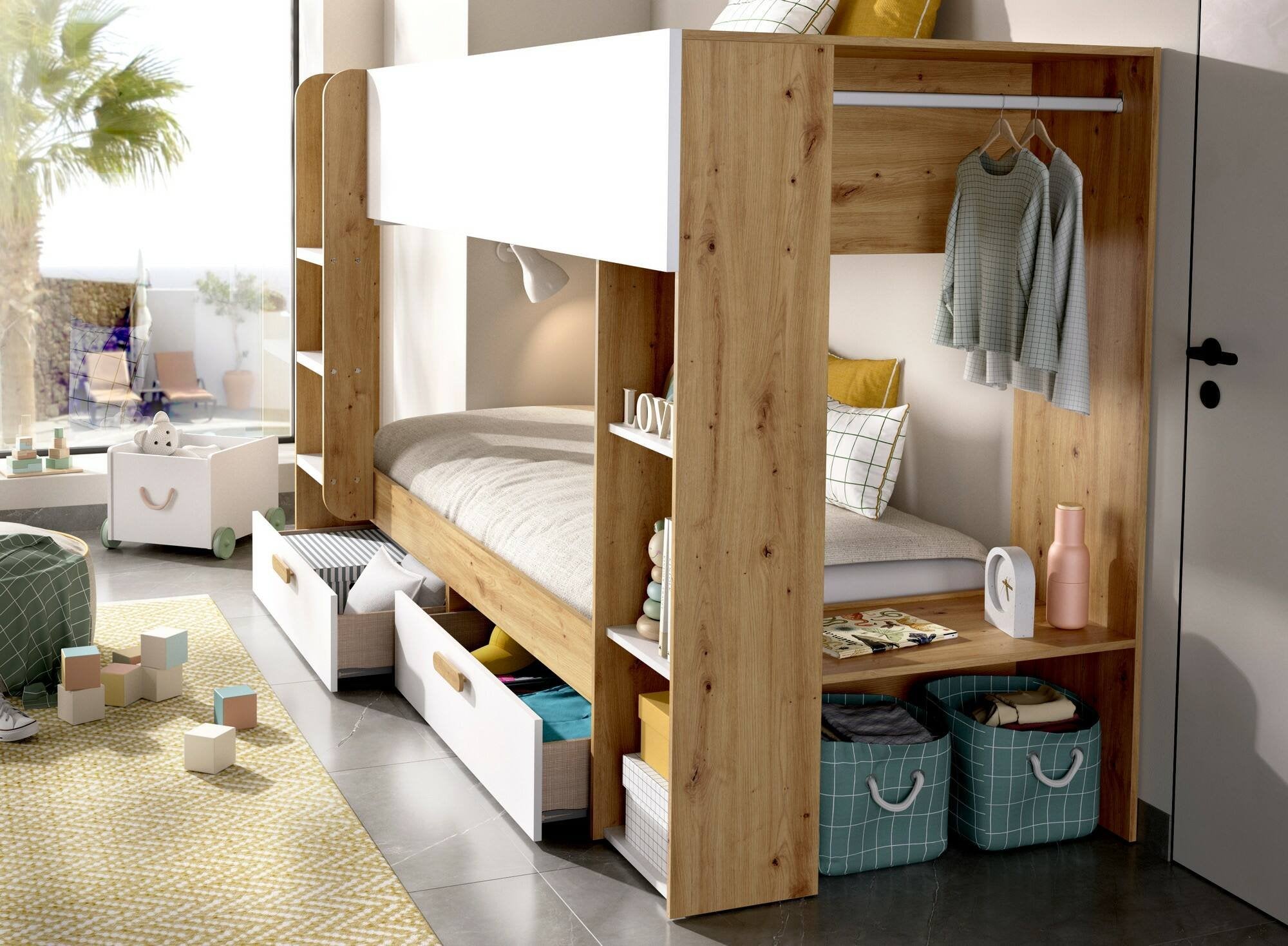 Composizione camera da letto Keli, Stanza da letto completa, Cameretta per bambini, Set per arredo a ponte, 245x110 h150 cm, Bianco e Rovere Nodi