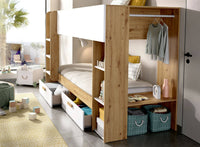 Composizione camera da letto Keli, Stanza da letto completa, Cameretta per bambini, Set per arredo a ponte, 245x110 h150 cm, Bianco e Rovere Nodi