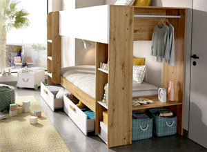 Composizione camera da letto Keli, Stanza da letto completa, Cameretta per bambini, Set per arredo a ponte, 245x110 h150 cm, Bianco e Rovere Nodi