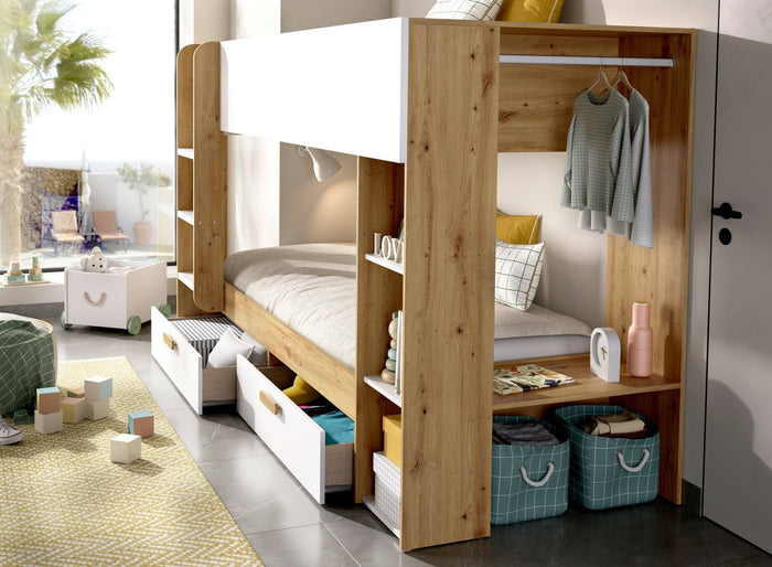 Composizione camera da letto Keli, Stanza da letto completa, Cameretta per bambini, Set per arredo a ponte, 245x110 h150 cm, Bianco e Rovere Nodi