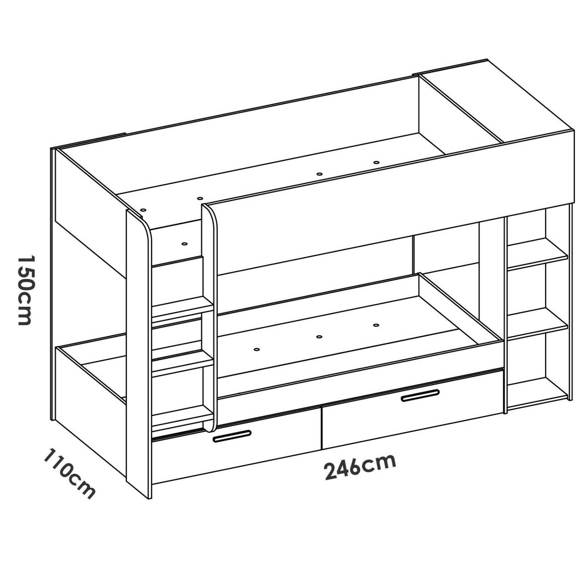 Composizione camera da letto Keli, Stanza da letto completa, Cameretta per bambini, Set per arredo a ponte, 245x110 h150 cm, Bianco e Rovere Nodi